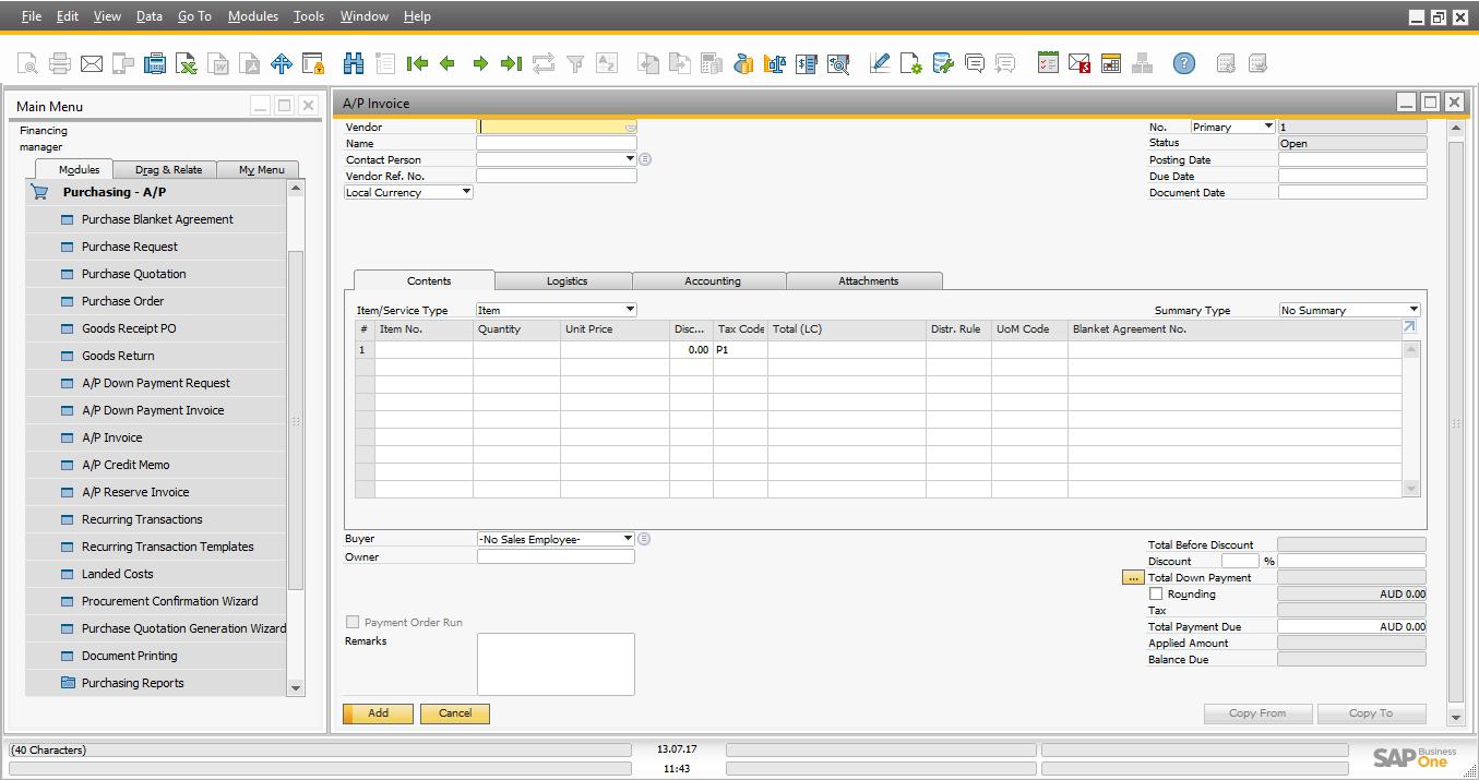 SAP Accounting Software AP Invoice