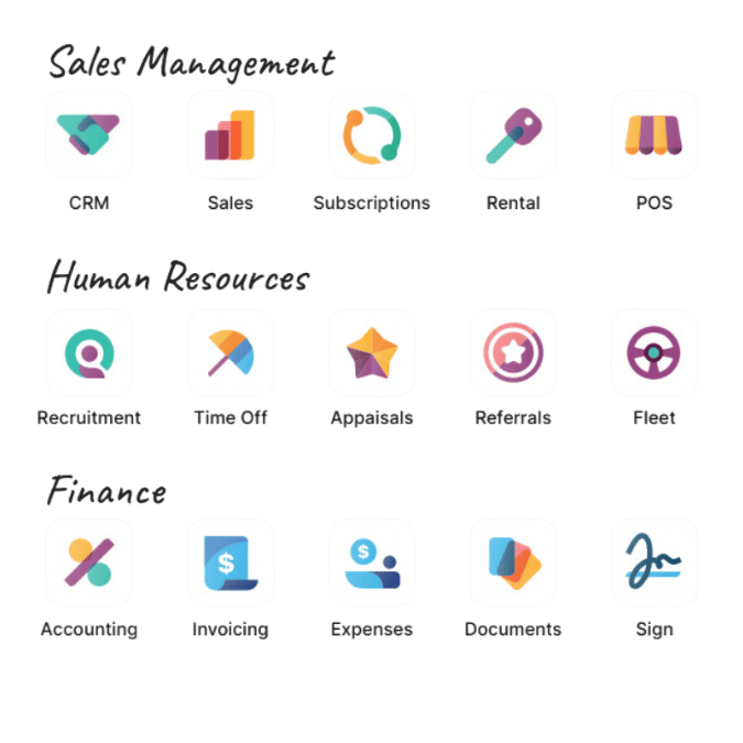 Odoo apps icons for sales management, human resources, and finance
