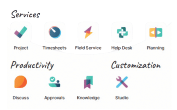Odoo apps icons for services, productivity, and customization