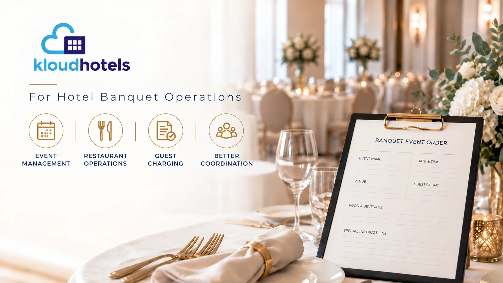 KloudHotels banquet event management and restaurant operations.